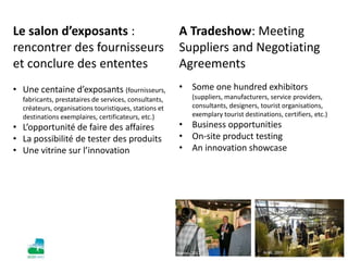 Le salon d’exposants :
rencontrer des fournisseurs
et conclure des ententes
• Une centaine d’exposants (fournisseurs,
fabricants, prestataires de services, consultants,
créateurs, organisations touristiques, stations et
destinations exemplaires, certificateurs, etc.)
• L’opportunité de faire des affaires
• La possibilité de tester des produits
• Une vitrine sur l’innovation
A Tradeshow: Meeting
Suppliers and Negotiating
Agreements
• Some one hundred exhibitors
(suppliers, manufacturers, service providers,
consultants, designers, tourist organisations,
exemplary tourist destinations, certifiers, etc.)
• Business opportunities
• On-site product testing
• An innovation showcase
Arles, 2009Nantes, 2012
 