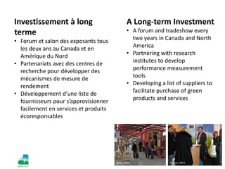 Nantes, 2012 Maroc, 2010
Investissement à long
terme
• Forum et salon des exposants tous
les deux ans au Canada et en
Amérique du Nord
• Partenariats avec des centres de
recherche pour développer des
mécanismes de mesure de
rendement
• Développement d’une liste de
fournisseurs pour s’approvisionner
facilement en services et produits
écoresponsables
A Long-term Investment
• A forum and tradeshow every
two years in Canada and North
America
• Partnering with research
institutes to develop
performance measurement
tools
• Developing a list of suppliers to
facilitate purchase of green
products and services
Arles, 2009 Nantes, 2011
 