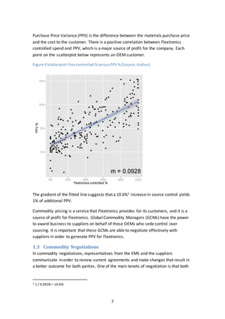 7
Purchase Price Variance (PPV) is the difference between the materials purchase price
and the cost to the customer. There is a positive correlation between Flextronics
controlled spend and PPV, which is a major source of profit for the company. Each
point on the scatterplot below represents an OEM customer.
Figure 4 Scatterplot:Flex controlled% versusPPV % (Source:Author)
The gradient of the fitted line suggests that a 10.6%1 increase in source control yields
1% of additional PPV.
Commodity pricing is a service that Flextronics provides for its customers, and it is a
source of profit for Flextronics. Global Commodity Managers (GCMs) have the power
to award business to suppliers on behalf of those OEMs who cede control over
sourcing. It is important that these GCMs are able to negotiate effectively with
suppliers in order to generate PPV for Flextronics.
1.3 Commodity Negotiations
In commodity negotiations, representatives from the EMS and the suppliers
communicate in order to review current agreements and make changes that result in
a better outcome for both parties. One of the main tenets of negotiation is that both
1 1 / 0.0928 = 10.6%
 