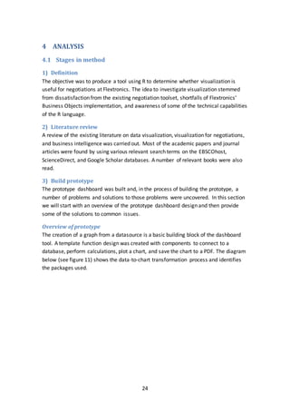 24
4 ANALYSIS
4.1 Stages in method
1) Definition
The objective was to produce a tool using R to determine whether visualization is
useful for negotiations at Flextronics. The idea to investigate visualization stemmed
from dissatisfaction from the existing negotiation toolset, shortfalls of Flextronics’
Business Objects implementation, and awareness of some of the technical capabilities
of the R language.
2) Literature review
A review of the existing literature on data visualization, visualization for negotiations,
and business intelligence was carried out. Most of the academic papers and journal
articles were found by using various relevant search terms on the EBSCOhost,
ScienceDirect, and Google Scholar databases. A number of relevant books were also
read.
3) Build prototype
The prototype dashboard was built and, in the process of building the prototype, a
number of problems and solutions to those problems were uncovered. In this section
we will start with an overview of the prototype dashboard design and then provide
some of the solutions to common issues.
Overview of prototype
The creation of a graph from a datasource is a basic building block of the dashboard
tool. A template function design was created with components to connect to a
database, perform calculations, plot a chart, and save the chart to a PDF. The diagram
below (see figure 11) shows the data-to-chart transformation process and identifies
the packages used.
 