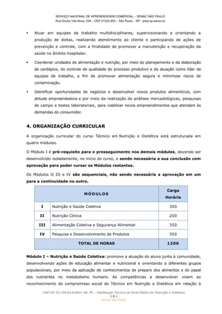 SERVIÇO NACIONAL DE APRENDIZAGEM COMERCIAL – SENAC SÃO PAULO
Rua Doutor Vila Nova, 228 – CEP 01222.903 – São Paulo – SP - www.sp.senac.br
CNPJ Nº 03.709.814/0001-98. PC - Habilitação Técnica de Nível Médio em Nutrição e Dietética
| 6 |
Senac São Paulo
 Atuar em equipes de trabalho multidisciplinares, supervisionando e orientando a
produção de dietas, realizando atendimento ao cliente e participando de ações de
prevenção e controle, com a finalidade de promover a manutenção e recuperação da
saúde no âmbito hospitalar.
 Coordenar unidades de alimentação e nutrição, por meio do planejamento e da elaboração
de cardápios, do controle de qualidade do processo produtivo e da atuação como líder de
equipes de trabalho, a fim de promover alimentação segura e minimizar riscos de
contaminação.
 Identificar oportunidades de negócios e desenvolver novos produtos alimentícios, com
atitude empreendedora e por meio da realização de análises mercadológicas, pesquisas
de campo e testes laboratoriais, para viabilizar novos empreendimentos que atendam às
demandas do consumidor.
4. ORGANIZAÇÃO CURRICULAR
A organização curricular do curso Técnico em Nutrição e Dietética está estruturada em
quatro módulos.
O Módulo I é pré-requisito para o prosseguimento nos demais módulos, devendo ser
desenvolvido isoladamente, no início do curso, e sendo necessária a sua conclusão com
aprovação para poder cursar os Módulos restantes.
Os Módulos II III e IV são sequenciais, não sendo necessária a aprovação em um
para a continuidade no outro.
MÓDULOS
Carga
Horária
I Nutrição e Saúde Coletiva 300
II Nutrição Clínica 200
III Alimentação Coletiva e Segurança Alimentar 350
IV Pesquisa e Desenvolvimento de Produtos 350
TOTAL DE HORAS 1200
Módulo I – Nutrição e Saúde Coletiva: promove a atuação do aluno junto à comunidade,
desenvolvendo ações de educação alimentar e nutricional e orientando a diferentes grupos
populacionais, por meio da aplicação de conhecimentos de preparo dos alimentos e do papel
dos nutrientes no metabolismo humano. As competências a desenvolver visam ao
reconhecimento do compromisso social do Técnico em Nutrição e Dietética em relação à
 