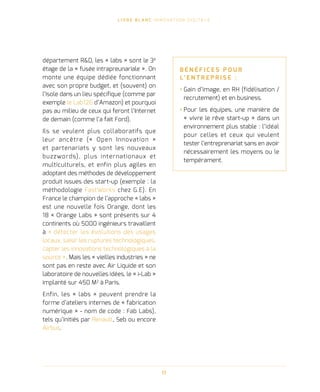 L I V R E B L A N C I N N O VAT I O N D I G I TA L E
11
département RD, les « labs » sont le 3è
étage de la « fusée intrapreunariale ». On
monte une équipe dédiée fonctionnant
avec son propre budget, et (souvent) on
l’isole dans un lieu spécifique (comme par
exemple le Lab126 d’Amazon) et pourquoi
pas au milieu de ceux qui feront l’Internet
de demain (comme l’a fait Ford).
Ils se veulent plus collaboratifs que
leur ancêtre (« Open Innovation »
et partenariats y sont les nouveaux
buzzwords), plus internationaux et
multiculturels, et enfin plus agiles en
adoptant des méthodes de développement
produit issues des start-up (exemple : la
méthodologie FastWorks chez G.E). En
France le champion de l’approche « labs »
est une nouvelle fois Orange, dont les
18 « Orange Labs » sont présents sur 4
continents où 5000 ingénieurs travaillent
à « détecter les évolutions des usages
locaux, saisir les ruptures technologiques,
capter les innovations technologiques à la
source ». Mais les « vieilles industries » ne
sont pas en reste avec Air Liquide et son
laboratoire de nouvelles idées, le « i-Lab »
implanté sur 450 M2
à Paris.
Enfin, les « labs » peuvent prendre la
forme d’ateliers internes de « fabrication
numérique » - nom de code : Fab Labs),
tels qu’initiés par Renault, Seb ou encore
Airbus.
B É N É F I C E S P O U R
L’ E N T R E P R I S E   :
› Gain d’image, en RH (fidélisation /
recrutement) et en business.
› Pour les équipes, une manière de
« vivre le rêve start-up » dans un
environnement plus stable : l’idéal
pour celles et ceux qui veulent
tester l’entreprenariat sans en avoir
nécessairement les moyens ou le
tempérament.
 