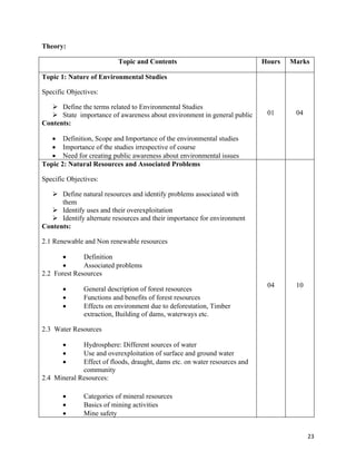  23
Theory:
Topic and Contents Hours Marks
Topic 1: Nature of Environmental Studies
Specific Objectives:
 Define the terms related to Environmental Studies
 State importance of awareness about environment in general public
Contents:
 Definition, Scope and Importance of the environmental studies
 Importance of the studies irrespective of course
 Need for creating public awareness about environmental issues
01 04
Topic 2: Natural Resources and Associated Problems
Specific Objectives:
 Define natural resources and identify problems associated with
them
 Identify uses and their overexploitation
 Identify alternate resources and their importance for environment
Contents:
2.1 Renewable and Non renewable resources
 Definition
 Associated problems
2.2 Forest Resources
 General description of forest resources
 Functions and benefits of forest resources
 Effects on environment due to deforestation, Timber
extraction, Building of dams, waterways etc.
2.3 Water Resources
 Hydrosphere: Different sources of water
 Use and overexploitation of surface and ground water
 Effect of floods, draught, dams etc. on water resources and
community
2.4 Mineral Resources:
 Categories of mineral resources
 Basics of mining activities
 Mine safety
04 10
 