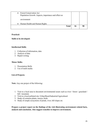   25
 Forest Conservation Act
Population Growth: Aspects, importance and effect on
environment
 Human Health and Human Rights
Total 16 50
Practical:
Skills to be developed:
Intellectual Skills:
1. Collection of information, data
2. Analysis of data
3. Report writing
Motor Skills:
1. Presentation Skills
2. Use of multi media
List of Projects:
Note: Any one project of the following:
1. Visit to a local area to document environmental assets such as river / forest / grassland /
hill / mountain
2. Visit to a local polluted site: Urban/Rural/Industrial/Agricultural
3. Study of common plants, insects, birds
4. Study of simple ecosystems of ponds, river, hill slopes etc
Prepare a project report on the findings of the visit illustrating environment related facts,
analysis and conclusion. Also suggest remedies to improve environment.
 