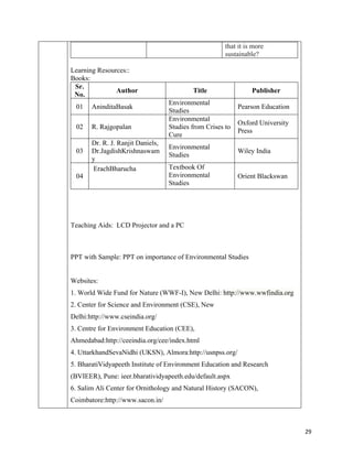   29
that it is more
sustainable?
Learning Resources::
Books:
Sr.
No.
Author Title Publisher
01 AninditaBasak
Environmental
Studies
Pearson Education
02 R. Rajgopalan
Environmental
Studies from Crises to
Cure
Oxford University
Press
03
Dr. R. J. Ranjit Daniels,
Dr.JagdishKrishnaswam
y
Environmental
Studies
Wiley India
04
ErachBharucha Textbook Of
Environmental
Studies
Orient Blackswan
Teaching Aids: LCD Projector and a PC
PPT with Sample: PPT on importance of Environmental Studies
Websites:
1. World Wide Fund for Nature (WWF-I), New Delhi: http://www.wwfindia.org
2. Center for Science and Environment (CSE), New
Delhi:http://www.cseindia.org/
3. Centre for Environment Education (CEE),
Ahmedabad:http://ceeindia.org/cee/index.html
4. UttarkhandSevaNidhi (UKSN), Almora:http://usnpss.org/
5. BharatiVidyapeeth Institute of Environment Education and Research
(BVIEER), Pune: ieer.bharatividyapeeth.edu/default.aspx
6. Salim Ali Center for Ornithology and Natural History (SACON),
Coimbatore:http://www.sacon.in/
 