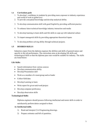   5
1.4 Curriculum goals
1. To develop l. confidence in students by providing more exposure to industry experience
and world of work at global leve
2. To provide conceptual knowledge and develop analytical ability
3. To develop communication skill with good English by providing sufficient practice
4. To enhance latest technical knowledge industry interaction and media
5. To develop learning to learn skills and life skills to cope up with industrial culture
6. To impart managerial skills by providing appropriate theoretical inputs
7. To develop problem solving ability through technical projects.
1.5 DESIRED SKILLS
Industries expect from the diploma engineer the abilities and skills of general nature and
specific to the job performance. The curriculum aims at developing life skills and
technological skills so that the diploma pass outs would be suitable for industry. The skills
are listed below:
Life Skills:
 Search information from various sources
 Develop communication ability
 Develop Presentation skill
 Work as a member of a team/group and as leader
 Collect field data
 Develop Learning to learn
 Write report for given task/work/project
 Develop computer proficiency
 Develop observation skills
Technological Skills:
Diploma engineers should possess following intellectual and motor skills in order to
satisfactorily perform duties assigned to them:
A) Intellectual skills.
1) Read and interpret Civil Engineering drawings.
2) Prepare estimates and bill of quantities.
 