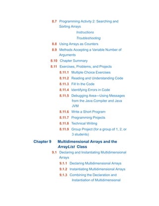 8.7 Programming Activity 2: Searching and
Sorting Arrays
Instructions
Troubleshooting
8.8 Using Arrays as Counters
8.9 Methods Accepting a Variable Number of
Arguments
8.10 Chapter Summary
8.11 Exercises, Problems, and Projects
8.11.1 Multiple Choice Exercises
8.11.2 Reading and Understanding Code
8.11.3 Fill In the Code
8.11.4 Identifying Errors in Code
8.11.5 Debugging Area—Using Messages
from the Java Compiler and Java
JVM
8.11.6 Write a Short Program
8.11.7 Programming Projects
8.11.8 Technical Writing
8.11.9 Group Project (for a group of 1, 2, or
3 students)
Chapter 9 Multidimensional Arrays and the
ArrayList Class
9.1 Declaring and Instantiating Multidimensional
Arrays
9.1.1 Declaring Multidimensional Arrays
9.1.2 Instantiating Multidimensional Arrays
9.1.3 Combining the Declaration and
Instantiation of Multidimensional
 