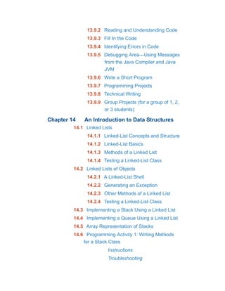 13.9.2 Reading and Understanding Code
13.9.3 Fill In the Code
13.9.4 Identifying Errors in Code
13.9.5 Debugging Area—Using Messages
from the Java Compiler and Java
JVM
13.9.6 Write a Short Program
13.9.7 Programming Projects
13.9.8 Technical Writing
13.9.9 Group Projects (for a group of 1, 2,
or 3 students)
Chapter 14 An Introduction to Data Structures
14.1 Linked Lists
14.1.1 Linked-List Concepts and Structure
14.1.2 Linked-List Basics
14.1.3 Methods of a Linked List
14.1.4 Testing a Linked-List Class
14.2 Linked Lists of Objects
14.2.1 A Linked-List Shell
14.2.2 Generating an Exception
14.2.3 Other Methods of a Linked List
14.2.4 Testing a Linked-List Class
14.3 Implementing a Stack Using a Linked List
14.4 Implementing a Queue Using a Linked List
14.5 Array Representation of Stacks
14.6 Programming Activity 1: Writing Methods
for a Stack Class
Instructions
Troubleshooting
 