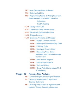 14.7 Array Representation of Queues
14.8 Sorted Linked Lists
14.9 Programming Activity 2: Writing Insert and
Delete Methods for a Sorted Linked List
Instructions
Troubleshooting
14.10 Doubly Linked Lists
14.11 Linked Lists Using Generic Types
14.12 Recursively Defined Linked Lists
14.13 Chapter Summary
14.14 Exercises, Problems, and Projects
14.14.1 Multiple Choice Exercises
14.14.2 Reading and Understanding Code
14.14.3 Fill In the Code
14.14.4 Identifying Errors in Code
14.14.5 Debugging Area—Using
Messages from the Java Compiler
and Java JVM
14.14.6 Write a Short Program
14.14.7 Programming Projects
14.14.8 Technical Writing
14.14.9 Group Project (for a group of 1, 2,
or 3 students)
Chapter 15 Running Time Analysis
15.1 Orders of Magnitude and Big-Oh Notation
15.2 Running Time Analysis of Algorithms:
Counting Statements
15.3 Running Time Analysis of Algorithms and
Impact of Coding: Evaluating Recursive
 