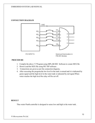 EMBEDDED SYSTEM LAB MANUAL
10
Vi Microsystems Pvt.Ltd..
CONNECTION DIAGRAM
PROCEDURE
1. Compile the above ‘C’Program using MPLAB IDE Software to create HEX file
2. Down Load the HEX file using PIC ISP software .
3. Connections are given as per the connection diagram.
4. After executing the program,the low level in the tank is sensed and it is indicated by
green signal and the high level in the water tank is indicated by red signal.When
water reaches the high level the relay will be cut off.
RESULT
Thus water Pumb controller is designed to sense low and high in the water tank .
 
