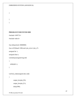EMBEDDED SYSTEM LAB MANUAL
27
Vi Microsystems Pvt.Ltd..
}
}
}
PROGRAM IN RECEIVER SIDE
#include<16f877.h>
#include<stdio.h>
#use delay(clock=20000000)
#use rs232(baud=1200,xmit=pin_c6,rcv=pin_c7)
unsigned int i;
unsigned char a;
void delay(unsigned long del)
{
while(del--);
}
void lcd_cmd(unsigned char cmd)
{
output_low(pin_E0);
output_low(pin_E1);
delay(500);
 