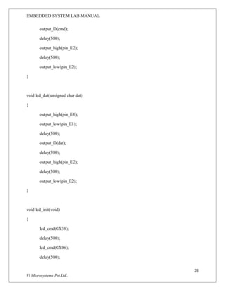 EMBEDDED SYSTEM LAB MANUAL
28
Vi Microsystems Pvt.Ltd..
output_D(cmd);
delay(500);
output_high(pin_E2);
delay(500);
output_low(pin_E2);
}
void lcd_dat(unsigned char dat)
{
output_high(pin_E0);
output_low(pin_E1);
delay(500);
output_D(dat);
delay(500);
output_high(pin_E2);
delay(500);
output_low(pin_E2);
}
void lcd_init(void)
{
lcd_cmd(0X38);
delay(500);
lcd_cmd(0X06);
delay(500);
 