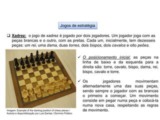 Jogos de estratégia
 Xadrez: o jogo de xadrez é jogado por dois jogadores. Um jogador joga com as
peças brancas e o outro, com as pretas. Cada um, inicialmente, tem dezesseis
peças: um rei, uma dama, duas torres, dois bispos, dois cavalos e oito peões.
 O posicionamento inicial: as peças na
linha de baixo e da esquerda para a
direita são: torre, cavalo, bispo, dama, rei,
bispo, cavalo e torre.
 Os jogadores movimentam
alternadamente uma das suas peças,
sendo sempre o jogador com as brancas
o primeiro a começar. Um movimento
consiste em pegar numa peça e colocá-la
numa nova casa, respeitando as regras
de movimento.
EDUCAÇÃO FÍSICA, 8º Ano do Ensino Fundamental
Jogo: compreensão dos conceitos, das características e das
regras dos jogos de salão
Imagem: Example of the starting position of chess pieces /
Autoria e disponibilização por Luis Dantas / Domínio Público
 