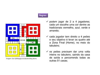 Regras:
 podem jogar de 2 a 4 jogadores;
cada um escolhe uma cor dentre as
tradicionais vermelho, azul, verde e
amarelo;
 cada jogador tem direito a 4 peões
e seu objetivo é levar os quatro até
a Zona Final (Home), no meio do
tabuleiro;
 os peões precisam dar uma volta
inteira no tabuleiro, saindo da casa
de saída e percorrendo todas as
outras 51 casas;
Imagem: Guil /2005/jogos de tabuleiro/blog átomo
EDUCAÇÃO FÍSICA, 8º Ano do Ensino Fundamental
Jogo: compreensão dos conceitos, das características e das
regras dos jogos de salão
 