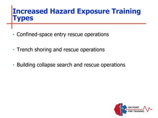 Increased Hazard Exposure Training
Types
‣ Confined-space entry rescue operations
‣ Trench shoring and rescue operations
‣ Building collapse search and rescue operations
 