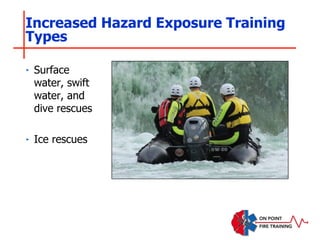 Increased Hazard Exposure Training
Types
‣ Surface
water, swift
water, and
dive rescues
‣ Ice rescues
 