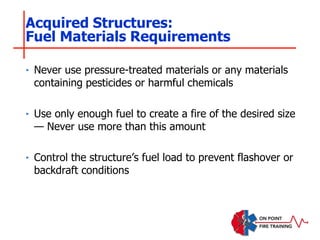 ‣ Never use pressure-treated materials or any materials
containing pesticides or harmful chemicals
‣ Use only enough fuel to create a fire of the desired size
— Never use more than this amount
‣ Control the structure’s fuel load to prevent flashover or
backdraft conditions
Acquired Structures:
Fuel Materials Requirements
 