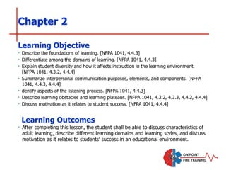 Chapter 2
‣ Describe the foundations of learning. [NFPA 1041, 4.4.3]
‣ Differentiate among the domains of learning. [NFPA 1041, 4.4.3]
‣ Explain student diversity and how it affects instruction in the learning environment.
[NFPA 1041, 4.3.2, 4.4.4]
‣ Summarize interpersonal communication purposes, elements, and components. [NFPA
1041, 4.4.3, 4.4.4]
‣ dentify aspects of the listening process. [NFPA 1041, 4.4.3]
‣ Describe learning obstacles and learning plateaus. [NFPA 1041, 4.3.2, 4.3.3, 4.4.2, 4.4.4]
‣ Discuss motivation as it relates to student success. [NFPA 1041, 4.4.4]
Learning Objective
Learning Outcomes
‣ After completing this lesson, the student shall be able to discuss characteristics of
adult learning, describe different learning domains and learning styles, and discuss
motivation as it relates to students' success in an educational environment.
 