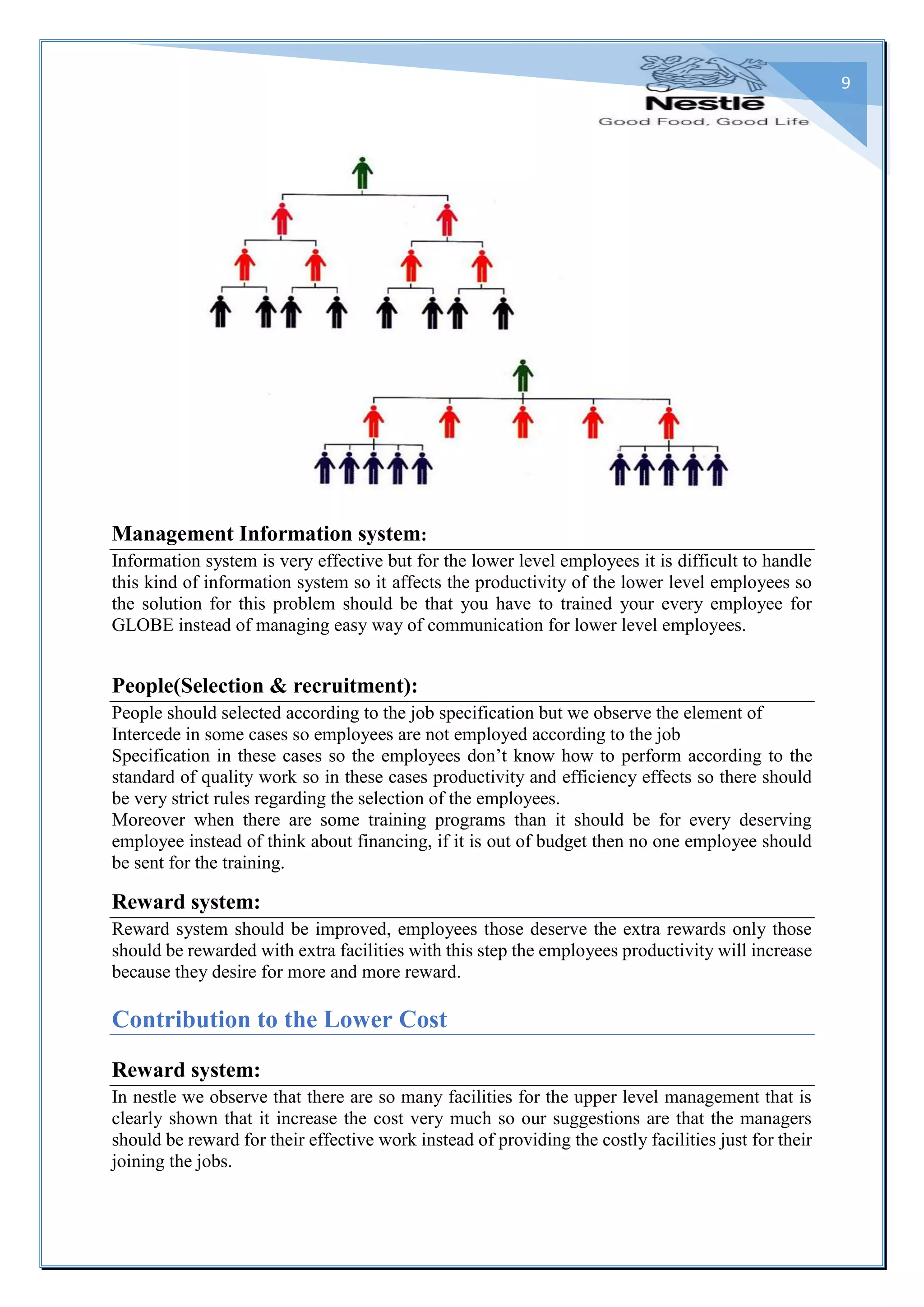 9
Management Information system:
Information system is very effective but for the lower level employees it is difficult to handle
this kind of information system so it affects the productivity of the lower level employees so
the solution for this problem should be that you have to trained your every employee for
GLOBE instead of managing easy way of communication for lower level employees.
People(Selection & recruitment):
People should selected according to the job specification but we observe the element of
Intercede in some cases so employees are not employed according to the job
Specification in these cases so the employees don’t know how to perform according to the
standard of quality work so in these cases productivity and efficiency effects so there should
be very strict rules regarding the selection of the employees.
Moreover when there are some training programs than it should be for every deserving
employee instead of think about financing, if it is out of budget then no one employee should
be sent for the training.
Reward system:
Reward system should be improved, employees those deserve the extra rewards only those
should be rewarded with extra facilities with this step the employees productivity will increase
because they desire for more and more reward.
Contribution to the Lower Cost
Reward system:
In nestle we observe that there are so many facilities for the upper level management that is
clearly shown that it increase the cost very much so our suggestions are that the managers
should be reward for their effective work instead of providing the costly facilities just for their
joining the jobs.
 
