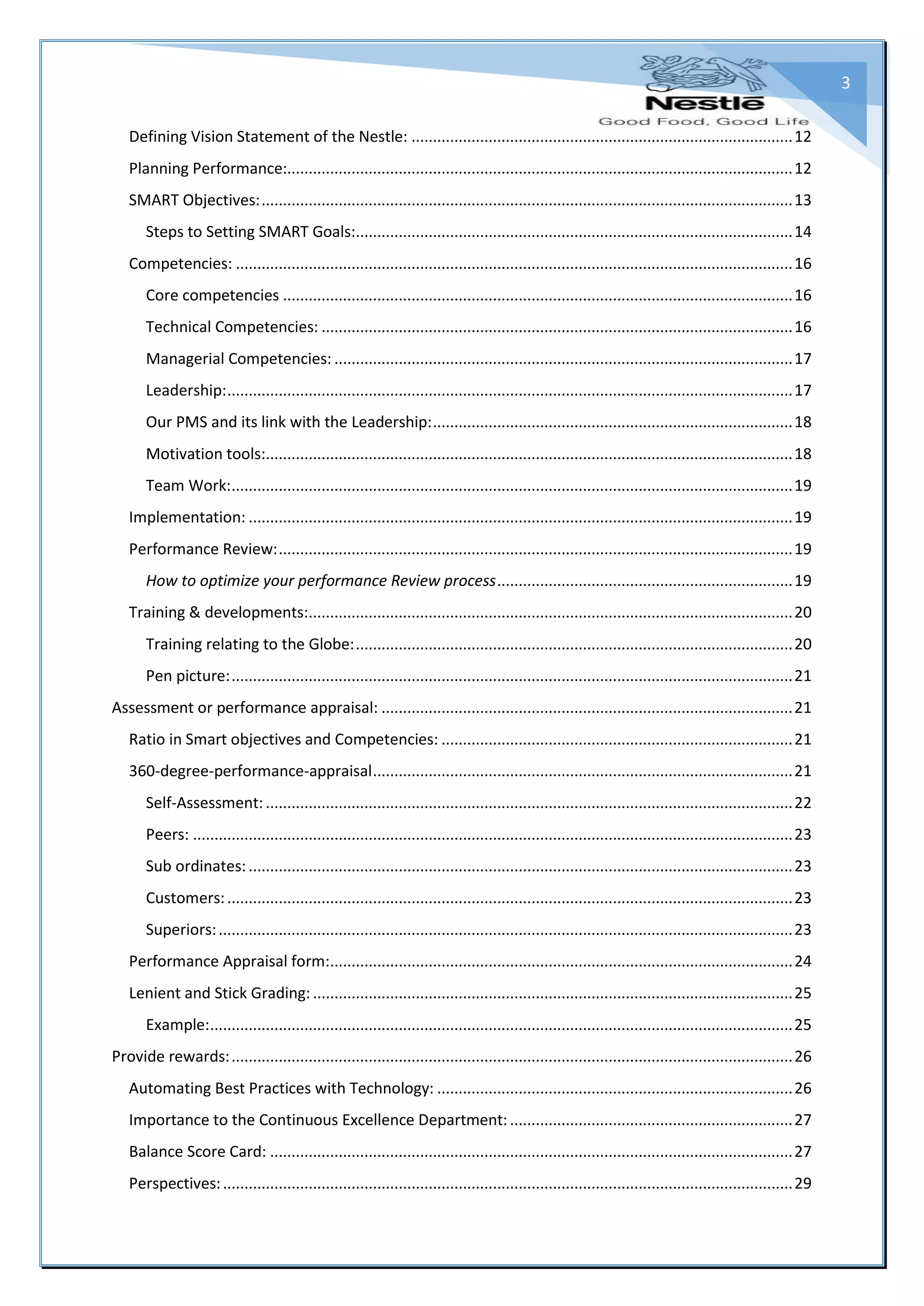 3
Defining Vision Statement of the Nestle: .........................................................................................12
Planning Performance:......................................................................................................................12
SMART Objectives:............................................................................................................................13
Steps to Setting SMART Goals:......................................................................................................14
Competencies: ..................................................................................................................................16
Core competencies .......................................................................................................................16
Technical Competencies: ..............................................................................................................16
Managerial Competencies: ...........................................................................................................17
Leadership:....................................................................................................................................17
Our PMS and its link with the Leadership:....................................................................................18
Motivation tools:...........................................................................................................................18
Team Work:...................................................................................................................................19
Implementation: ...............................................................................................................................19
Performance Review:........................................................................................................................19
How to optimize your performance Review process.....................................................................19
Training & developments:.................................................................................................................20
Training relating to the Globe:......................................................................................................20
Pen picture:...................................................................................................................................21
Assessment or performance appraisal: ................................................................................................21
Ratio in Smart objectives and Competencies: ..................................................................................21
360-degree-performance-appraisal..................................................................................................21
Self-Assessment:...........................................................................................................................22
Peers: ............................................................................................................................................23
Sub ordinates:...............................................................................................................................23
Customers:....................................................................................................................................23
Superiors:......................................................................................................................................23
Performance Appraisal form:............................................................................................................24
Lenient and Stick Grading:................................................................................................................25
Example:........................................................................................................................................25
Provide rewards:...................................................................................................................................26
Automating Best Practices with Technology: ...................................................................................26
Importance to the Continuous Excellence Department:..................................................................27
Balance Score Card: ..........................................................................................................................27
Perspectives:.....................................................................................................................................29
 