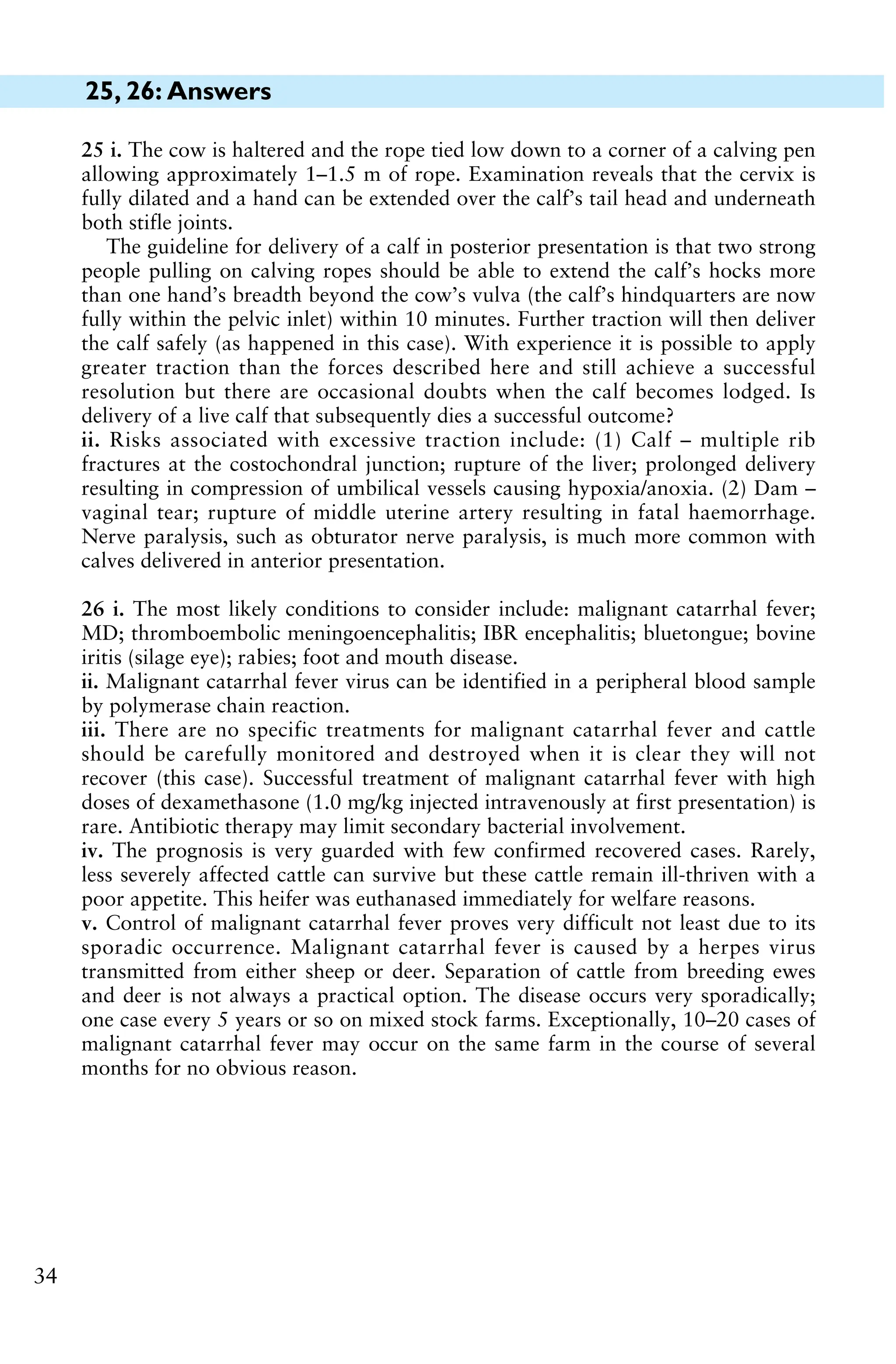 25, 26: Answers
34
25 i. The cow is haltered and the rope tied low down to a corner of a calving pen
allowing approximately 1–1.5 m of rope. Examination reveals that the cervix is
fully dilated and a hand can be extended over the calf’s tail head and underneath
both stifle joints.
The guideline for delivery of a calf in posterior presentation is that two strong
people pulling on calving ropes should be able to extend the calf’s hocks more
than one hand’s breadth beyond the cow’s vulva (the calf’s hindquarters are now
fully within the pelvic inlet) within 10 minutes. Further traction will then deliver
the calf safely (as happened in this case). With experience it is possible to apply
greater traction than the forces described here and still achieve a successful
resolution but there are occasional doubts when the calf becomes lodged. Is
delivery of a live calf that subsequently dies a successful outcome?
ii. Risks associated with excessive traction include: (1) Calf – multiple rib
fractures at the costochondral junction; rupture of the liver; prolonged delivery
resulting in compression of umbilical vessels causing hypoxia/anoxia. (2) Dam –
vaginal tear; rupture of middle uterine artery resulting in fatal haemorrhage.
Nerve paralysis, such as obturator nerve paralysis, is much more common with
calves delivered in anterior presentation.
26 i. The most likely conditions to consider include: malignant catarrhal fever;
MD; thromboembolic meningoencephalitis; IBR encephalitis; bluetongue; bovine
iritis (silage eye); rabies; foot and mouth disease.
ii. Malignant catarrhal fever virus can be identified in a peripheral blood sample
by polymerase chain reaction.
iii. There are no specific treatments for malignant catarrhal fever and cattle
should be carefully monitored and destroyed when it is clear they will not
recover (this case). Successful treatment of malignant catarrhal fever with high
doses of dexamethasone (1.0 mg/kg injected intravenously at first presentation) is
rare. Antibiotic therapy may limit secondary bacterial involvement.
iv. The prognosis is very guarded with few confirmed recovered cases. Rarely,
less severely affected cattle can survive but these cattle remain ill-thriven with a
poor appetite. This heifer was euthanased immediately for welfare reasons.
v. Control of malignant catarrhal fever proves very difficult not least due to its
sporadic occurrence. Malignant catarrhal fever is caused by a herpes virus
transmitted from either sheep or deer. Separation of cattle from breeding ewes
and deer is not always a practical option. The disease occurs very sporadically;
one case every 5 years or so on mixed stock farms. Exceptionally, 10–20 cases of
malignant catarrhal fever may occur on the same farm in the course of several
months for no obvious reason.
 