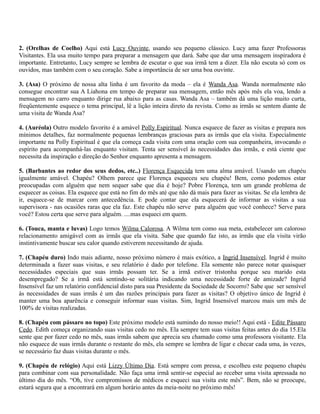 2. (Orelhas de Coelho) Aqui está Lucy Ouvinte, usando seu pequeno clássico. Lucy ama fazer Professoras
Visitantes. Ela usa muito tempo para preparar a mensagem que dará. Sabe que dar uma mensagem inspiradora é
importante. Entretanto, Lucy sempre se lembra de escutar o que sua irmã tem a dizer. Ela não escuta só com os
ouvidos, mas também com o seu coração. Sabe a importância de ser uma boa ouvinte.

3. (Asa) O próximo de nossa alta linha é um favorito da moda – ela é Wanda Asa. Wanda normalmente não
consegue encontrar sua A Liahona em tempo de preparar sua mensagem, então mês após mês ela voa, lendo a
mensagem no carro enquanto dirige rua abaixo para as casas. Wanda Asa – também dá uma lição muito curta,
freqüentemente esquece o tema principal, lê a lição inteira direto da revista. Como as irmãs se sentem diante de
uma visita de Wanda Asa?

4. (Auréola) Outro modelo favorito é a amável Polly Espiritual. Nunca esquece de fazer as visitas e prepara nos
mínimos detalhes, faz normalmente pequenas lembranças graciosas para as irmãs que ela visita. Especialmente
importante na Polly Espiritual é que ela começa cada visita com uma oração com sua companheira, invocando o
espírito para acompanhá-las enquanto visitam. Tenta ser sensível às necessidades das irmãs, e está ciente que
necessita da inspiração e direção do Senhor enquanto apresenta a mensagem.

5. (Barbantes ao redor dos seus dedos, etc..) Florença Esquecida tem uma alma amável. Usando um chapéu
igualmente amável. Chapéu? Olhem parece que Florença esqueceu seu chapéu! Bem, como podemos estar
preocupadas com alguém que nem sequer sabe que dia é hoje? Pobre Florença, tem um grande problema de
esquecer as coisas. Ela esquece que está no fim do mês até que não dá mais para fazer as visitas. Se ela lembra de
ir, esquece-se de marcar com antecedência. E pode contar que ela esquecerá de informar as visitas a sua
supervisora - nas ocasiões raras que ela faz. Este chapéu não serve para alguém que você conhece? Serve para
você? Estou certa que serve para alguém. ....mas esqueci em quem.

6. (Touca, manta e luvas) Logo temos Wilma Calorosa. A Wilma tem como sua meta, estabelecer um caloroso
relacionamento amigável com as irmãs que ela visita. Sabe que quando faz isto, as irmãs que ela visita virão
instintivamente buscar seu calor quando estiverem necessitando de ajuda.

7. (Chapéu duro) Indo mais adiante, nosso próximo número é mais exótico, a Ingrid Insensível. Ingrid é muito
determinada a fazer suas visitas, e seu relatório é dado por telefone. Ela somente não parece notar quaisquer
necessidades especiais que suas irmãs possam ter. Se a irmã estiver tristonha porque seu marido esta
desempregado? Se a irmã está sentindo-se solitária indicando uma necessidade forte de amizade? Ingrid
Insensível faz um relatório confidencial disto para sua Presidente da Sociedade de Socorro? Sabe que ser sensível
às necessidades de suas irmãs é um das razões principais para fazer as visitas? O objetivo único de Ingrid é
manter uma boa aparência e conseguir informar suas visitas. Sim, Ingrid Insensível marcou mais um mês de
100% de visitas realizadas.

8. (Chapéu com pássaro no topo) Este próximo modelo está sumindo do nosso meio!! Aqui está - Edite Pássaro
Cedo. Edith começa organizando suas visitas cedo no mês. Ela sempre tem suas visitas feitas antes do dia 15.Ela
sente que por fazer cedo no mês, suas irmãs sabem que aprecia seu chamado como uma professora visitante. Ela
não esquece de suas irmãs durante o restante do mês, ela sempre se lembra de ligar e checar cada uma, às vezes,
se necessário faz duas visitas durante o mês.

9. (Chapéu de relógio) Aqui está Lizzy Último Dia. Está sempre com pressa, e escolheu este pequeno chapéu
para combinar com sua personalidade. Não faça uma irmã sentir-se especial ao receber uma visita apressada no
último dia do mês. “Oh, tive compromissos de médicos e esqueci sua visita este mês”. Bem, não se preocupe,
estará segura que a encontrará em algum horário antes da meia-noite no próximo mês!
 