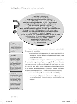 Legislação Comercial | Empresário – registro – escrituração




                                                           O Plenário, composto de
                                                      VOGAIS   e respectivos suplentes,
                                                será constituído pelo mínimo de 8 (oito) e o




             ?
                                            máximo de 20 (vinte) vogais, nomeados no Distrito
                                         Federal pelo Ministro de Estado da Justiça, e nos estados,
                                           pelos governos dessas circunscrições, entre brasileiros
                                                   que satisfaçam às seguintes condições:
                                           • estejam em pleno gozo dos direitos civis e políticos;
                                  • não estejam condenados por crime cuja pena vede o acesso a cargo,
                                        emprego e funções públicas, ou por crime de prevaricação,
                                      falimentar, corrupção, CONCUSSÃO, PECULATO contra a propriedade,
                                                      a fé pública e a economia popular;
                                    • sejam, ou tenham sido, por mais de cinco anos, titulares de ﬁrma
                                            individual, sócios ou administradores de sociedade,
                                                valendo como prova para esse ﬁm a certidão
                                                       expedida pela Junta Comercial;
                                                    • estejam quites com o serviço militar
                                                             e o serviço eleitoral.
            VO G A L
           Todo aquele que tem
           voto em um tribunal.
           Membro do tribunal que
           nos julgados não exerce              Para se requerer o arquivamento dos documentos de constituição
           as funções de relator ou
           de revisor.                    de empresa são necessários:
                                                • o instrumento original de constituição, modiﬁcação ou extinção
           PECULATO                               de empresas, assinado pelo titular, pelos administradores, sócios
           Crime contra a
           administração em geral
                                                  ou seus procuradores;
           que consiste no fato de              • a certidão criminal do registro de feitos ajuizados, comprobatória
           o funcionário público
           apropriar-se de dinheiro,      de que inexiste impedimento legal à participação de pessoa física em
           valor ou qualquer outro
           bem móvel, público ou          empresa, como titular ou administradora, por não estar incurso nas penas
           particular, de que tem a       de crime cuja pena vede o acesso a cargo, emprego e funções públicas,
           posse em razão do cargo
           ou desviá-lo em proveito       ou por crime de prevaricação, falência fraudulenta, suborno, concussão,
           próprio ou alheio.
                                          peculato, contra a propriedade, a fé pública e a economia popular;
                                                • ﬁcha cadastral segundo modelo aprovado pelo DNRC;
           CONCUSSÃO
           Delito que consiste no fato
                                                • comprovantes de pagamento dos preços correspondentes;
           de o funcionário público,            • prova de identidade dos titulares e dos administradores da
           no exercício ou não de
           suas funções, ou mesmo                 empresa.
           antes de assumi-las, mas
           abusando da inﬂuência
           destas, exigir ou perceber,
           direta ou indiretamente,
           para si ou para terceiro,
           quaisquer vantagens ou
           quantias não devidas.




             30   CEDERJ



Aula_02.indd 30                                                                                                 3/22/2007, 11:59:44 AM
 