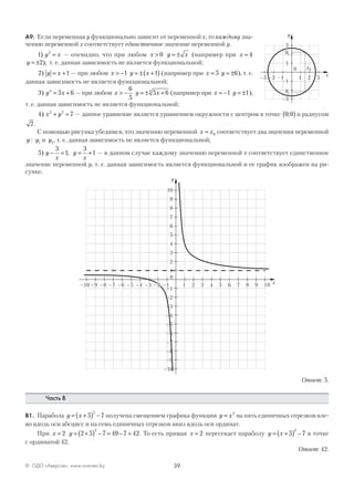 39© ОДО «Аверсэв», www.aversev.by
А9. Если переменная у функционально зависит от переменной х, то каждому зна-
чению переменной х соответствует единственное значение переменной у.
1 2
) y x= — очевидно, что при любом x > 0 y x= ± (например при x = 4
y = ±2), т. е. данная зависимость не является функциональной;
2 1) y x= + — при любом x > −1 y x= ± +( )1 (например при x = 5 y = ±6), т. е.
данная зависимость не является функциональной;
3 5 64
) y x= + — при любом x > −
6
5
y x= ± +5 64
(например при x = −1 y = ±1),
т. е. данная зависимость не является функциональной;
4 72 2
) x y+ = — данное уравнение является уравнением окружности с центром в точке 0 0;( ) и радиусом
7.
С помощью рисунка убедимся, что значению переменной x x= 0 соответствует два значения переменной
y y: 1 и y2, т. е. данная зависимость не является функциональной;
5
3
1
3
1) ;y
x
y
x
− = = + — в данном случае каждому значению переменной х соответствует единственное
значение переменной у, т. е. данная зависимость является функциональной и ее график изображен на ри-
сунке.
y
x
10
9
8
7
6
5
4
3
2
1
–1
–2
–3
–4
–5
–6
–7
–8
–9
–10
0
–10 –9 –8 –7 –6 –5 –4 –3 –2 –1 1 2 3 4 5 6 7 8 9 10
Ответ: 5.
Часть В
В1. Парабола y x= +( ) −5 7
2
получена смещением графика функции y x= 2
на пять единичных отрезков вле-
во вдоль оси абсцисс и на семь единичных отрезков вниз вдоль оси ординат.
При x = 2 y = +( ) − = − =2 5 7 49 7 42
2
. То есть прямая x = 2 пересекает параболу y x= +( ) −5 7
2
в точке
с ординатой 42.
Ответ: 42.
y
x
1
–1
0
–3
3
– –2 –1 1 2 33
y1
y1
y2
x0
 