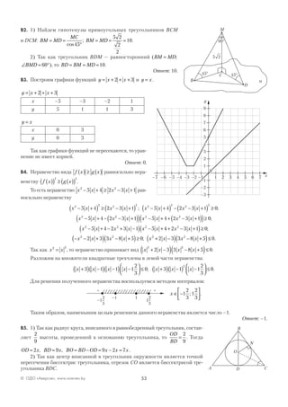 53© ОДО «Аверсэв», www.aversev.by
В2. 1) Найдем гипотенузы прямоугольных треугольников BCM
и DCM: BM MD
MC
= =
°cos
;
45
BM MD= = =
5 2
2
2
10.
2) Так как треугольник BDM — равносторонний (BM MD= ;
∠ = °BMD 60 ), то BD BM MD= = =10.
Ответ: 10.
В3. Построим графики функций y x x= + + +2 3 и y x= .
y x x= + + +2 3
x –5 –3 –2 1
y 5 1 1 3
y x=
x 0 3
y 0 3
Так как графики функций не пересекаются, то урав-
нение не имеет корней.
Ответ: 0.
В4. Неравенство вида f x g x( ) ≥ ( ) равносильно нера-
венству f x g x( )( ) ≥ ( )( )
2 2
.
То есть неравенство x x x x2 2
5 4 2 3 1− + ≥ − + рав-
носильно неравенству
x x x x x x x x
x x x
2 2 2 2 2 2 2 2
2
5 4 2 3 1 5 4 2 3 1 0
5 4 2
− +( ) ≥ − +( ) − +( ) − − +( ) ≥
− + −
; ;
22 2 2
2 2 2
3 1 5 4 2 3 1 0
5 4 2 3 1 5
− +( )( ) − + + − +( )( )≥
− + − + −( ) − +
x x x x x
x x x x x x
;
44 2 3 1 0
2 3 3 8 5 0 2 3 3 8 5
2
2 2 2 2
+ − +( )≥
− − +( ) − +( )≥ + −( ) − +( )
x x
x x x x x x x x
;
; ≤≤ 0.
Так как x x2 2
= , то неравенство принимает вид x x x x
2 2
2 3 3 8 5 0+ −( ) − +( )≤ .
Разложим на множители квадратные трехчлены в левой части неравенства:
x x x x x x x+( ) −( ) −( ) −



 ≤ +( ) −( ) −



 ≤3 1 1 1
2
3
0 3 1 1
2
3
0
2
; .
Для решения полученного неравенства воспользуемся методом интервалов:
–1 1
–1
2
3
1
2
3
+ – – – +
x ∈ −





1
2
3
1
2
3
; .
Таким образом, наименьшим целым решением данного неравенства является число –1.
Ответ: –1.
В5. 1) Так как радиус круга, вписанного в равнобедренный треугольник, состав-
ляет
2
9
высоты, проведенной к основанию треугольника, то
OD
BD
=
2
9
. Тогда
OD x BD x BO BD OD x x x= = = − = − =2 9 9 2 7, , .
2) Так как центр вписанной в треугольник окружности является точкой
пересечения биссектрис треугольника, отрезок CO является биссектрисой тре-
угольника BDC.
B
A CD
O
N
x–7 –6 –5 –4 –3 –2 1 2 3 4 5 6 7
y
9
8
7
6
5
4
3
2
1
–1
–2
–3
–1
0
B
D
М
C45° 45°
25
a
60°
 