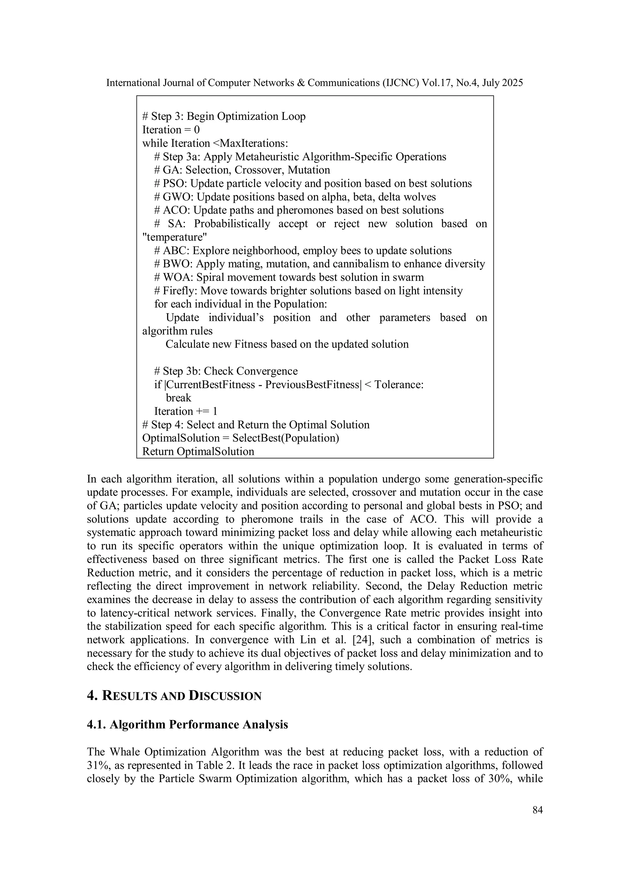 International Journal of Computer Networks & Communications (IJCNC) Vol.17, No.4, July 2025
84
# Step 3: Begin Optimization Loop
Iteration = 0
while Iteration <MaxIterations:
# Step 3a: Apply Metaheuristic Algorithm-Specific Operations
# GA: Selection, Crossover, Mutation
# PSO: Update particle velocity and position based on best solutions
# GWO: Update positions based on alpha, beta, delta wolves
# ACO: Update paths and pheromones based on best solutions
# SA: Probabilistically accept or reject new solution based on
"temperature"
# ABC: Explore neighborhood, employ bees to update solutions
# BWO: Apply mating, mutation, and cannibalism to enhance diversity
# WOA: Spiral movement towards best solution in swarm
# Firefly: Move towards brighter solutions based on light intensity
for each individual in the Population:
Update individual’s position and other parameters based on
algorithm rules
Calculate new Fitness based on the updated solution
# Step 3b: Check Convergence
if |CurrentBestFitness - PreviousBestFitness| < Tolerance:
break
Iteration += 1
# Step 4: Select and Return the Optimal Solution
OptimalSolution = SelectBest(Population)
Return OptimalSolution
In each algorithm iteration, all solutions within a population undergo some generation-specific
update processes. For example, individuals are selected, crossover and mutation occur in the case
of GA; particles update velocity and position according to personal and global bests in PSO; and
solutions update according to pheromone trails in the case of ACO. This will provide a
systematic approach toward minimizing packet loss and delay while allowing each metaheuristic
to run its specific operators within the unique optimization loop. It is evaluated in terms of
effectiveness based on three significant metrics. The first one is called the Packet Loss Rate
Reduction metric, and it considers the percentage of reduction in packet loss, which is a metric
reflecting the direct improvement in network reliability. Second, the Delay Reduction metric
examines the decrease in delay to assess the contribution of each algorithm regarding sensitivity
to latency-critical network services. Finally, the Convergence Rate metric provides insight into
the stabilization speed for each specific algorithm. This is a critical factor in ensuring real-time
network applications. In convergence with Lin et al. [24], such a combination of metrics is
necessary for the study to achieve its dual objectives of packet loss and delay minimization and to
check the efficiency of every algorithm in delivering timely solutions.
4. RESULTS AND DISCUSSION
4.1. Algorithm Performance Analysis
The Whale Optimization Algorithm was the best at reducing packet loss, with a reduction of
31%, as represented in Table 2. It leads the race in packet loss optimization algorithms, followed
closely by the Particle Swarm Optimization algorithm, which has a packet loss of 30%, while
 