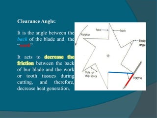Clearance Angle:
It is the angle between the
back of the blade and the
“work”
It acts to decrease the
friction between the back
of bur blade and the work
or tooth tissues during
cutting, and therefore,
decrease heat generation.
Bur Design
Clearance
angle
 