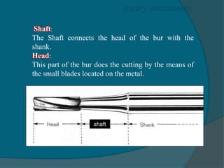 Shaft:
The Shaft connects the head of the bur with the
shank.
Head:
This part of the bur does the cutting by the means of
the small blades located on the metal.
Rotary instruments
shaft
 