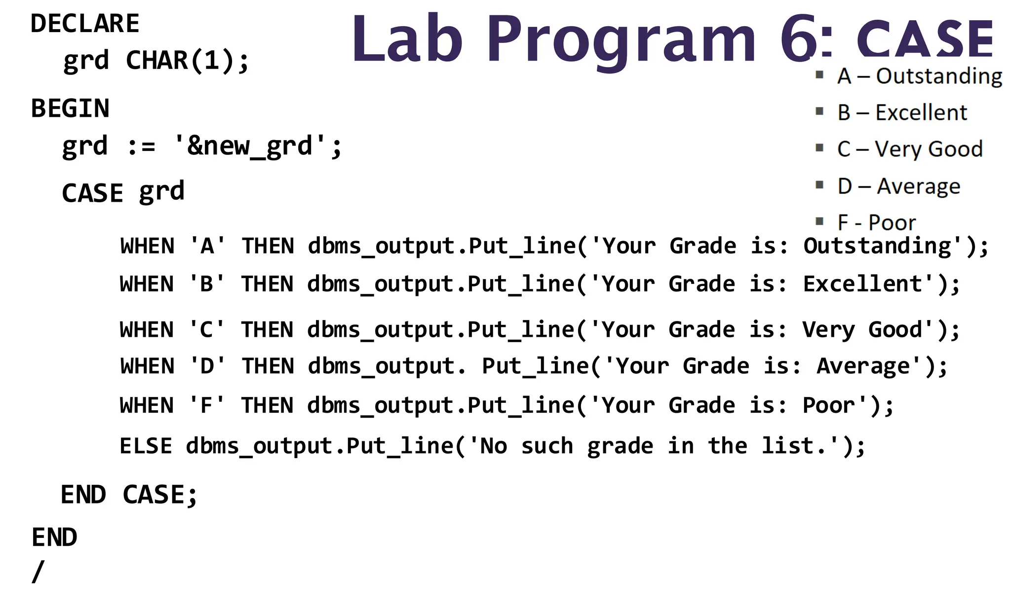 Lab Program 6: CASE
DECLARE
BEGIN
END
/
grd CHAR(1);
grd := '&new_grd';
CASE
END CASE;
grd
WHEN 'A' THEN dbms_output.Put_line('Your Grade is: Outstanding');
WHEN 'B' THEN dbms_output.Put_line('Your Grade is: Excellent');
WHEN 'C' THEN dbms_output.Put_line('Your Grade is: Very Good');
WHEN 'D' THEN dbms_output. Put_line('Your Grade is: Average');
WHEN 'F' THEN dbms_output.Put_line('Your Grade is: Poor');
ELSE dbms_output.Put_line('No such grade in the list.');
 