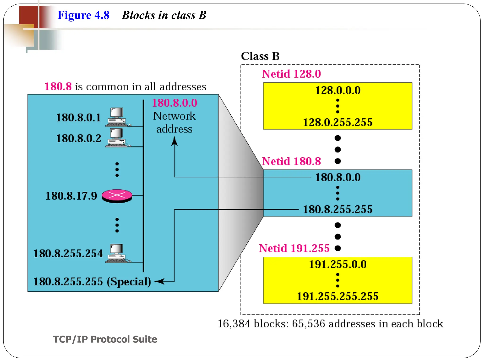 TCP/IP Protocol Suite
23
Figure 4.8 Blocks in class B
 