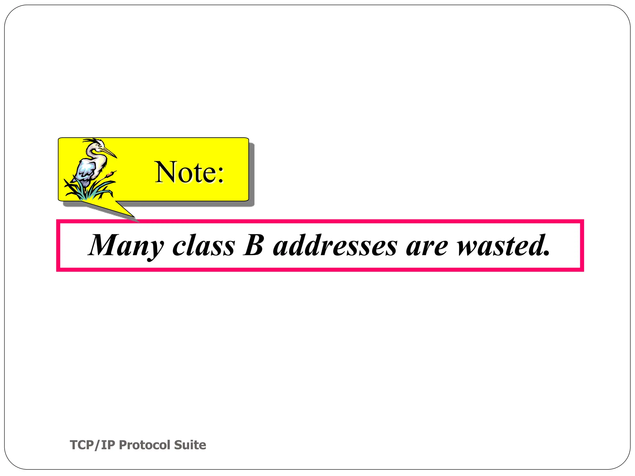 TCP/IP Protocol Suite
24
Many class B addresses are wasted.
Note:
 