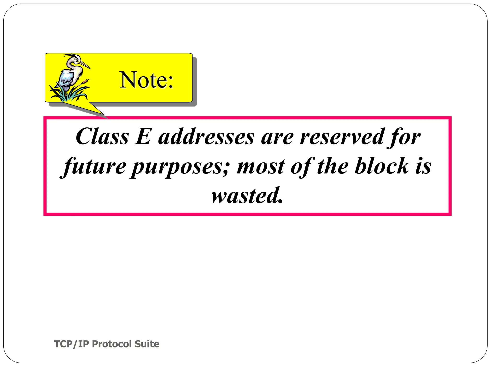 TCP/IP Protocol Suite
28
Class E addresses are reserved for
future purposes; most of the block is
wasted.
Note:
 