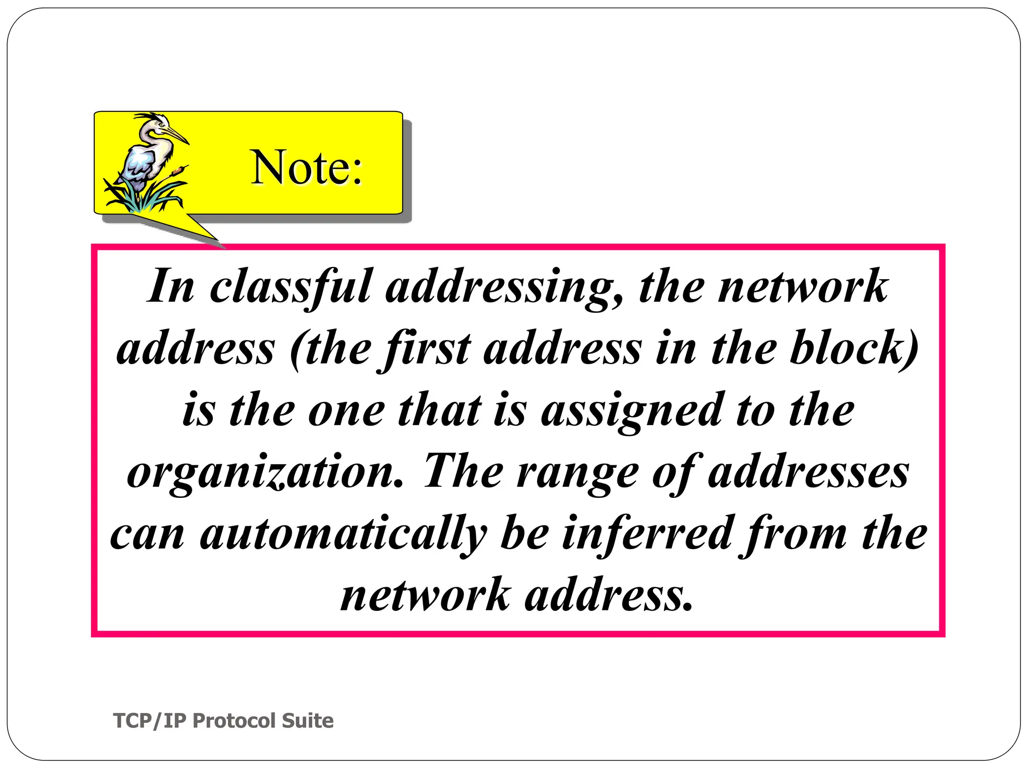 TCP/IP Protocol Suite
29
In classful addressing, the network
address (the first address in the block)
is the one that is assigned to the
organization. The range of addresses
can automatically be inferred from the
network address.
Note:
 