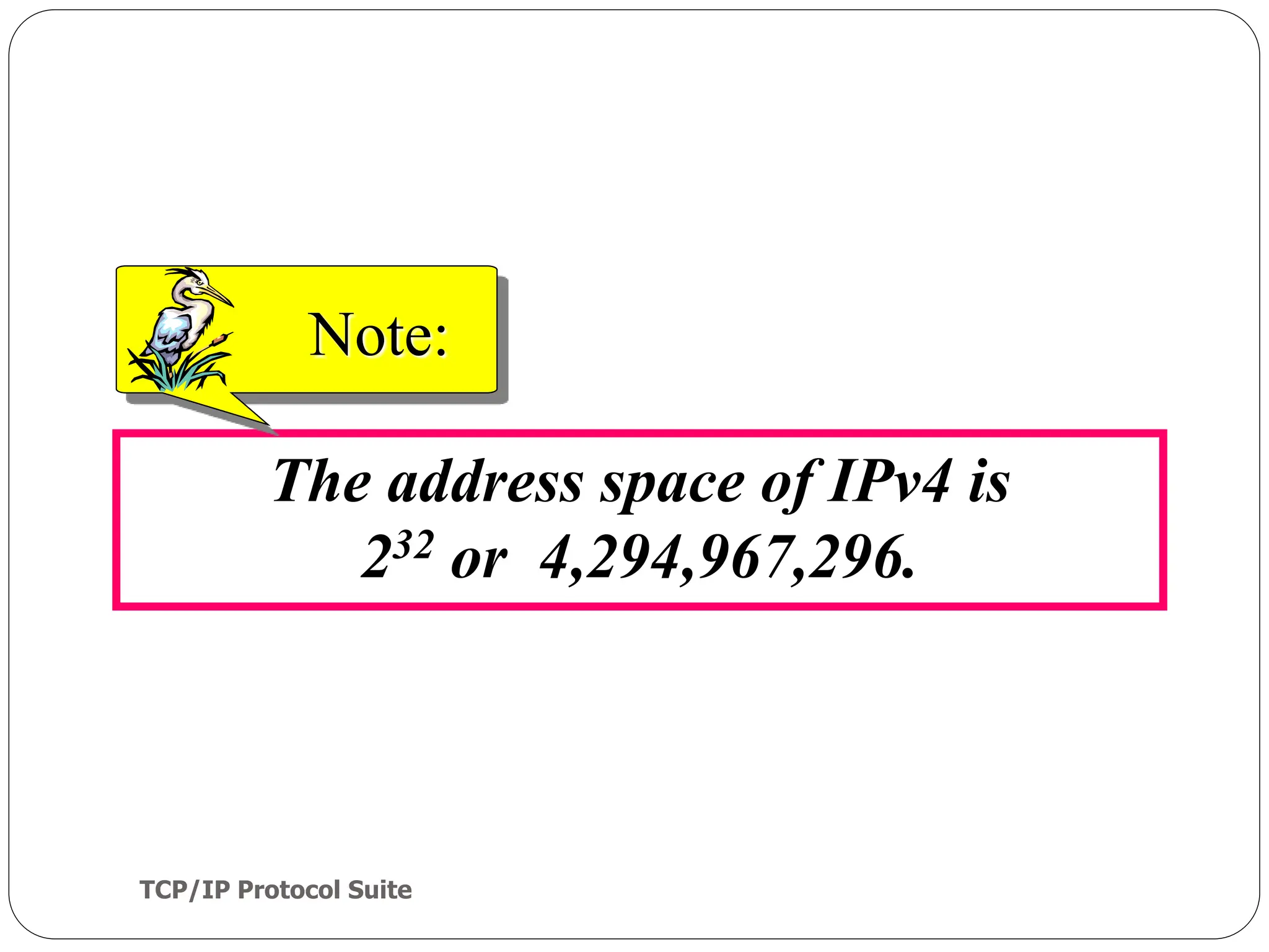 TCP/IP Protocol Suite
5
The address space of IPv4 is
232 or 4,294,967,296.
Note:
 