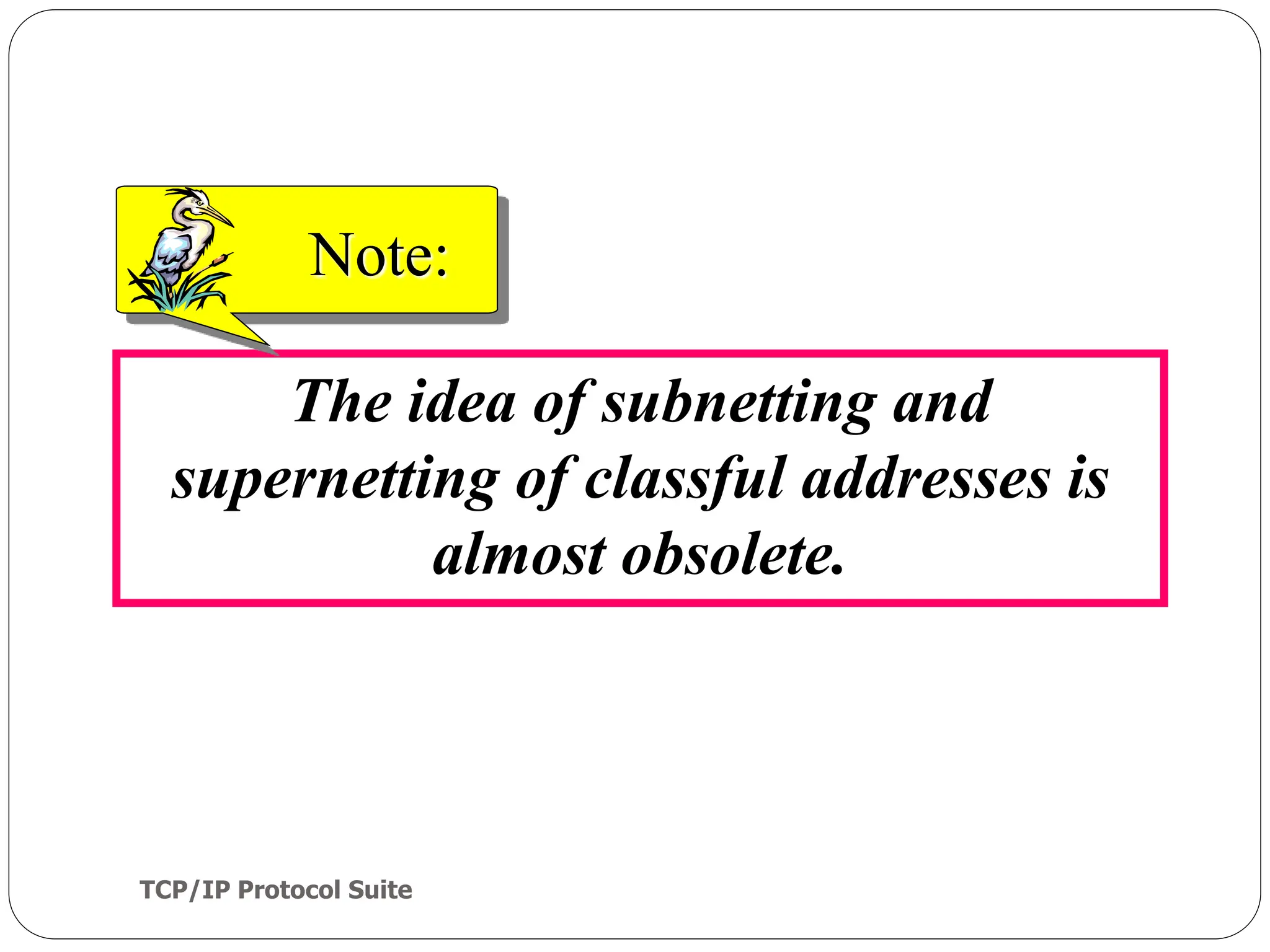 TCP/IP Protocol Suite
64
The idea of subnetting and
supernetting of classful addresses is
almost obsolete.
Note:
 