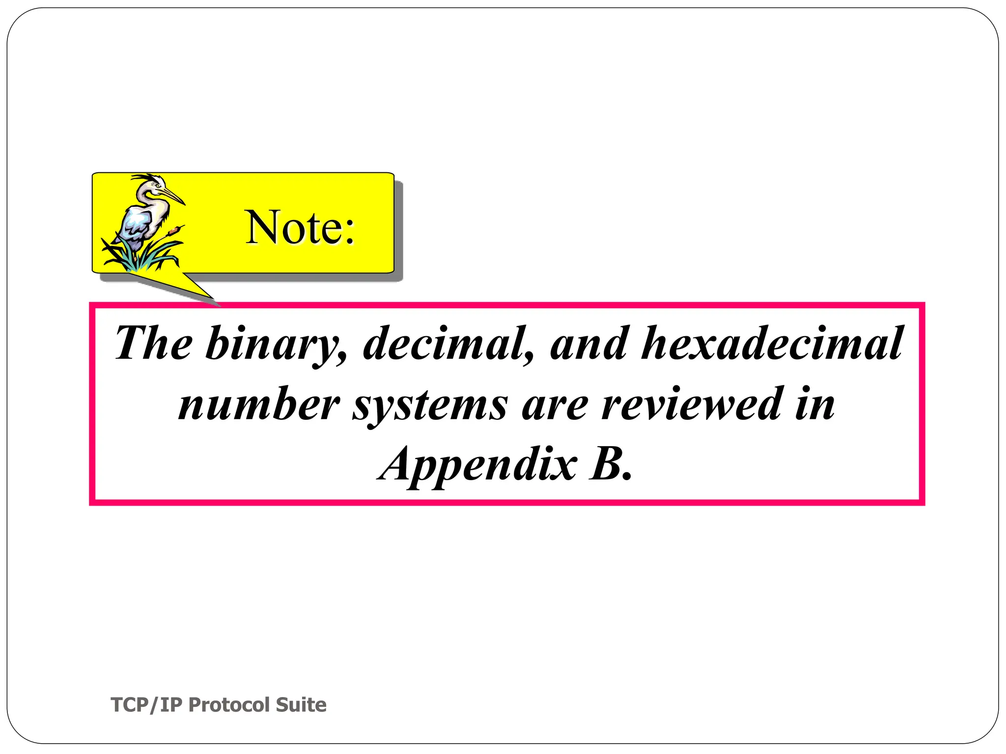 TCP/IP Protocol Suite
7
The binary, decimal, and hexadecimal
number systems are reviewed in
Appendix B.
Note:
 