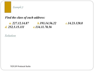 TCP/IP Protocol Suite
19
Find the class of each address:
a. 227.12.14.87 b.193.14.56.22 c.14.23.120.8
d. 252.5.15.111 e.134.11.78.56
Example 7
Solution
 