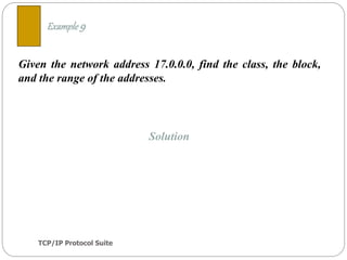TCP/IP Protocol Suite
30
Given the network address 17.0.0.0, find the class, the block,
and the range of the addresses.
Example 9
Solution
 