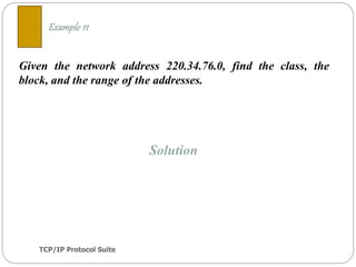TCP/IP Protocol Suite
32
Given the network address 220.34.76.0, find the class, the
block, and the range of the addresses.
Example 11
Solution
 
