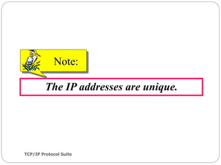 TCP/IP Protocol Suite
4
The IP addresses are unique.
Note:
 