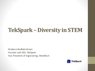 TekSpark – Diversity in STEM
Shobana Radhakrishnan
Founder and CEO, TekSpark
Vice President of Engineering, Mindflash
 