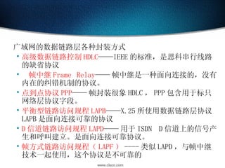 广域网的数据链路层各种封装方式 高级数据链路控制 HDLC ——IEEE 的标准， 是思科串行线路的缺省协议 帧中继 Frame Relay —— 帧中继是一种面向连接的，没有内在的纠错机制的协议。 点到点协议 PPP —— 帧封装很象 HDLC ， PPP 包含用于标只网络层协议字段。 平衡型链路访问规程 LAPB ——X.25 所使用数据链路层协议 LAPB 是面向连接可靠的协议 D 信道链路访问规程 LAPD —— 用于 ISDN D 信道上的信号产生和呼叫建立。是面向连接可靠协议。 帧方式链路访问规程（ LAPF ） ---- 类似 LAPD ，与帧中继技术一起使用，这个协议是不可靠的  