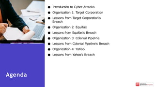 ● Introduction to Cyber Attacks
● Organization 1: Target Corporation
● Lessons from Target Corporation's
Breach
● Organization 2: Equifax
● Lessons from Equifax's Breach
● Organization 3: Colonial Pipeline
● Lessons from Colonial Pipeline's Breach
● Organization 4: Yahoo
● Lessons from Yahoo's Breach
Agenda
Photo by Vanessa Garcia on Pexels
 