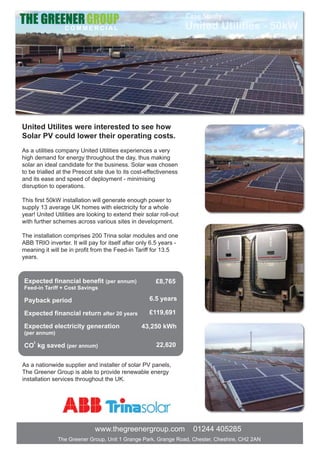 6.5 years
£8,765
£119,691
43,250 kWh
22,620
United Utilites were interested to see how
Solar PV could lower their operating costs.
As a utilities company United Utilities experiences a very
high demand for energy throughout the day, thus making
solar an ideal candidate for the business. Solar was chosen
to be trialled at the Prescot site due to its cost-effectiveness
and its ease and speed of deployment - minimising
disruption to operations.
This first 50kW installation will generate enough power to
supply 13 average UK homes with electricity for a whole
year! United Utilities are looking to extend their solar roll-out
with further schemes across various sites in development.
The installation comprises 200 Trina solar modules and one
ABB TRIO inverter. It will pay for itself after only 6.5 years -
meaning it will be in profit from the Feed-in Tariff for 13.5
years.
United Utilities - 50kW
Case Study
www.thegreenergroup.com 01244 405285
The Greener Group, Unit 1 Grange Park, Grange Road, Chester, Cheshire, CH2 2AN
As a nationwide supplier and installer of solar PV panels,
The Greener Group is able to provide renewable energy
installation services throughout the UK.
Expected financial benefit (per annum)
Feed-in Tariff + Cost Savings
Payback period
Expected financial return after 20 years
Expected electricity generation
(per annum)
CO kg saved (per annum)
C O M M E R C I A L
2
 