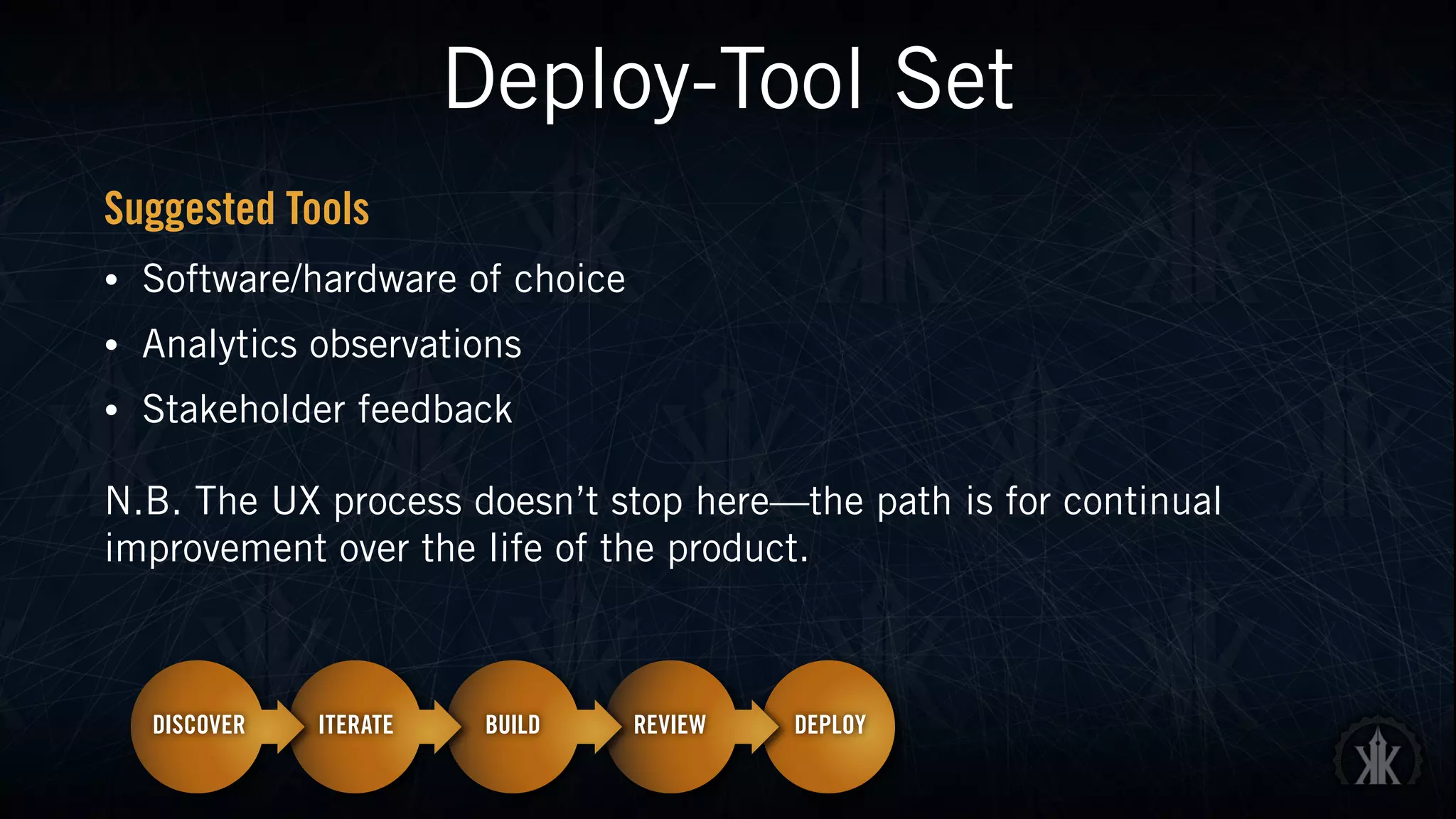 Deploy-Tool Set
Suggested Tools
• Software/hardware of choice
• Analytics observations
• Stakeholder feedback
N.B. The UX process doesn’t stop here—the path is for continual
improvement over the life of the product.
 