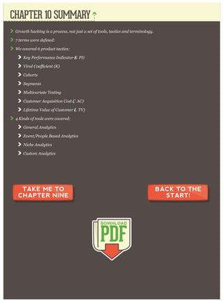 G r ow th hacking is a p r ocess, not j ust a set of tools, tactics and ter m inolog y .
W e cov er ed 6 p r oduct tactics:
K ey P er for m ance I ndicator (K P I )
C ohor ts
S eg m ents
M ultiv ar iate T esting
C ustom er A cq uisition C ost (C A C )
L ifetim e V alue of C ustom er (L T V )
4 K inds of tools w er e cov er ed:
G ener al A naly tics
E v ent/ P eop le B ased A naly tics
N iche A naly tics
C ustom A naly tics
CHAPTER 10 SUMMARY
PDF
DOWNLOAD
TAKE ME TO
CHAPTER NINE
BACK TO THE
START!
 